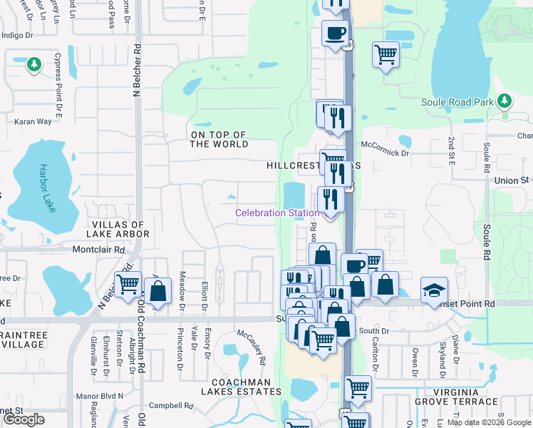 map of restaurants, bars, coffee shops, grocery stores, and more near 2461 Canadian Way in Clearwater