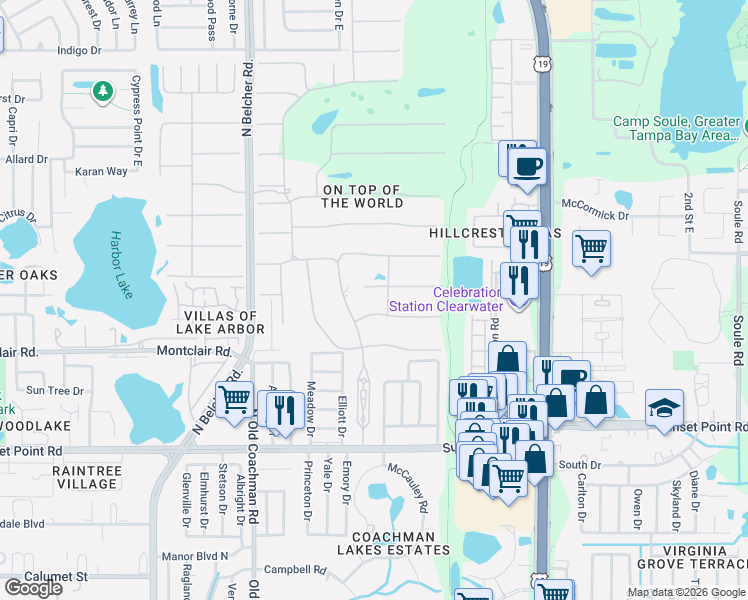 map of restaurants, bars, coffee shops, grocery stores, and more near 2430 Brazilia Drive in Clearwater