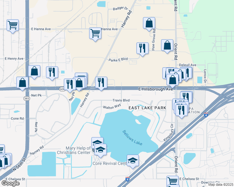 map of restaurants, bars, coffee shops, grocery stores, and more near 6529 East Hillsborough Avenue in Tampa
