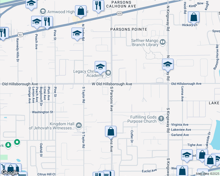 map of restaurants, bars, coffee shops, grocery stores, and more near 604 West Old Hillsborough Avenue in Seffner