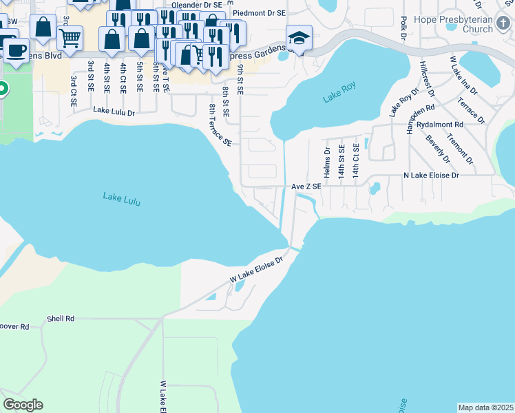 map of restaurants, bars, coffee shops, grocery stores, and more near 610 Orange Blossom Drive in Winter Haven