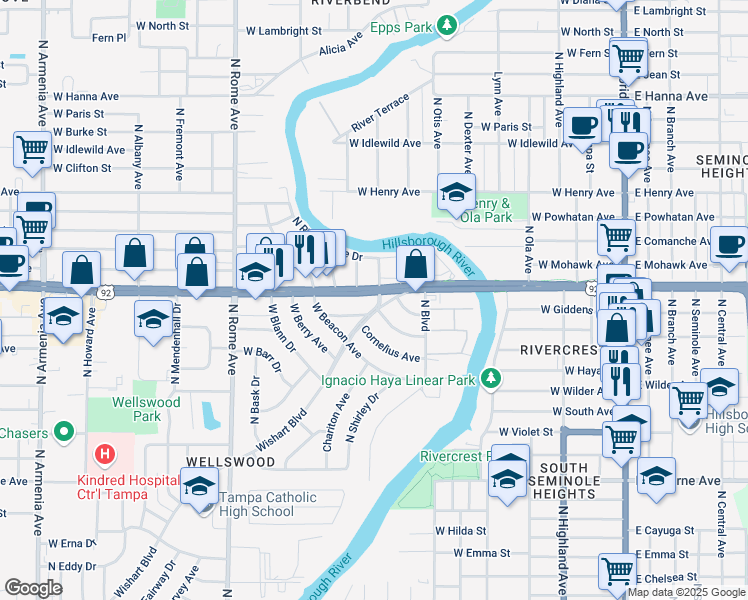 map of restaurants, bars, coffee shops, grocery stores, and more near 1002 West Hillsborough Avenue in Tampa