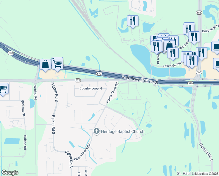 map of restaurants, bars, coffee shops, grocery stores, and more near 3820 Country Bend East in Lakeland