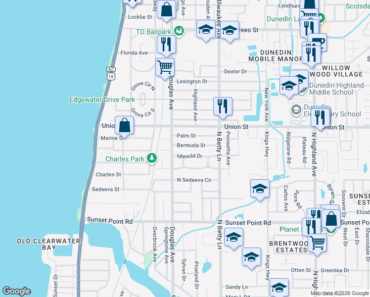 map of restaurants, bars, coffee shops, grocery stores, and more near 1228 Bermuda Street in Clearwater