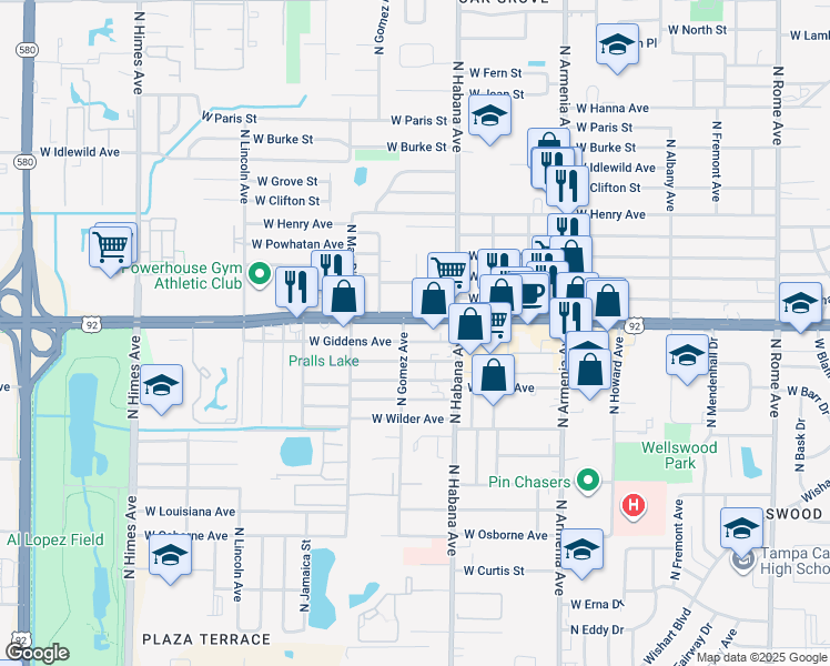 map of restaurants, bars, coffee shops, grocery stores, and more near 2930 West Hillsborough Avenue in Tampa