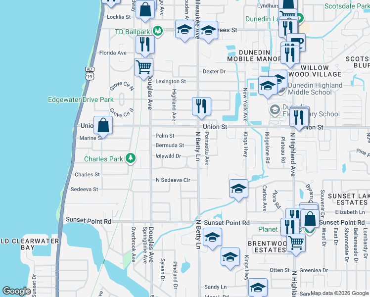 map of restaurants, bars, coffee shops, grocery stores, and more near 1262 Bermuda Street in Clearwater