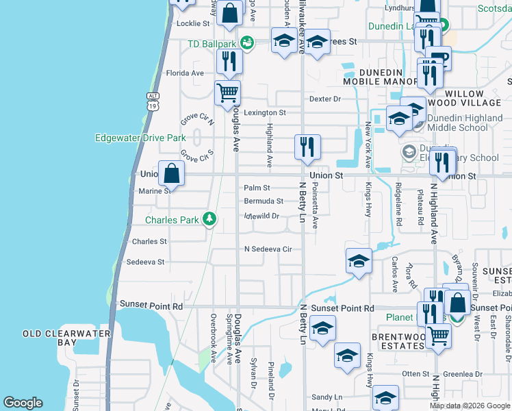 map of restaurants, bars, coffee shops, grocery stores, and more near 1228 Bermuda Street in Clearwater