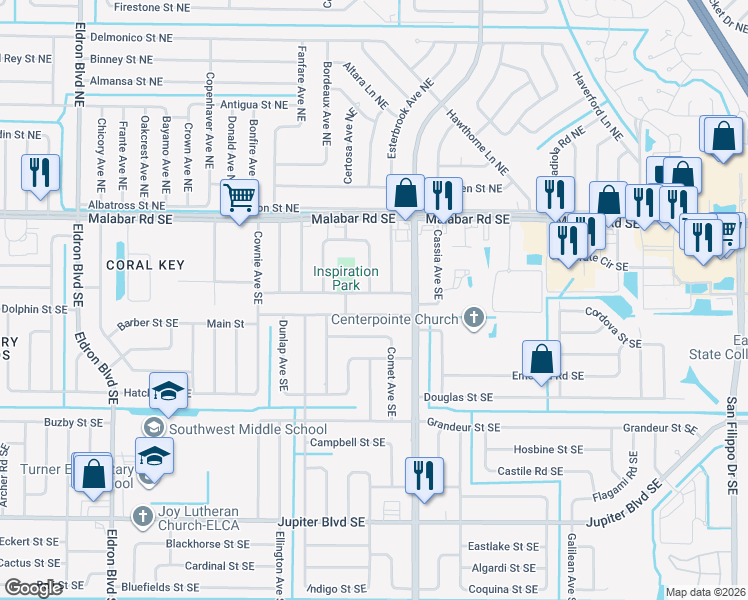 map of restaurants, bars, coffee shops, grocery stores, and more near 781 Consumer Street Southeast in Palm Bay