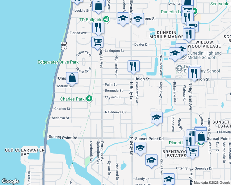 map of restaurants, bars, coffee shops, grocery stores, and more near 1228 Bermuda Street in Clearwater