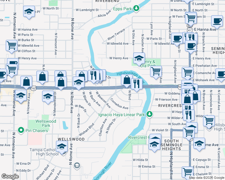 map of restaurants, bars, coffee shops, grocery stores, and more near 1002 West Hillsborough Avenue in Tampa