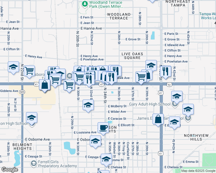 map of restaurants, bars, coffee shops, grocery stores, and more near 3401 East Hillsborough Avenue in Tampa