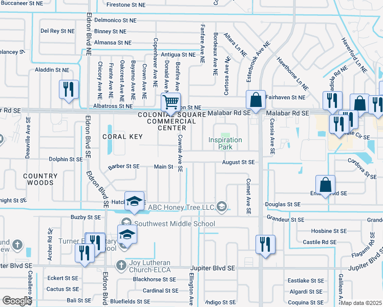 map of restaurants, bars, coffee shops, grocery stores, and more near 642 Consumer Street Southeast in Palm Bay