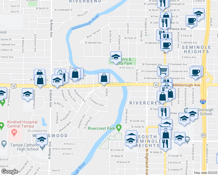 map of restaurants, bars, coffee shops, grocery stores, and more near 550 West Hillsborough Avenue in Tampa