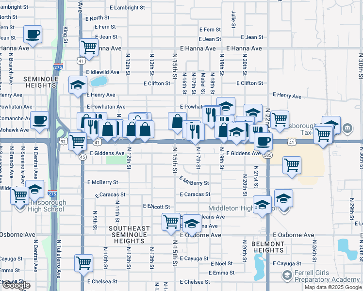 map of restaurants, bars, coffee shops, grocery stores, and more near in Tampa