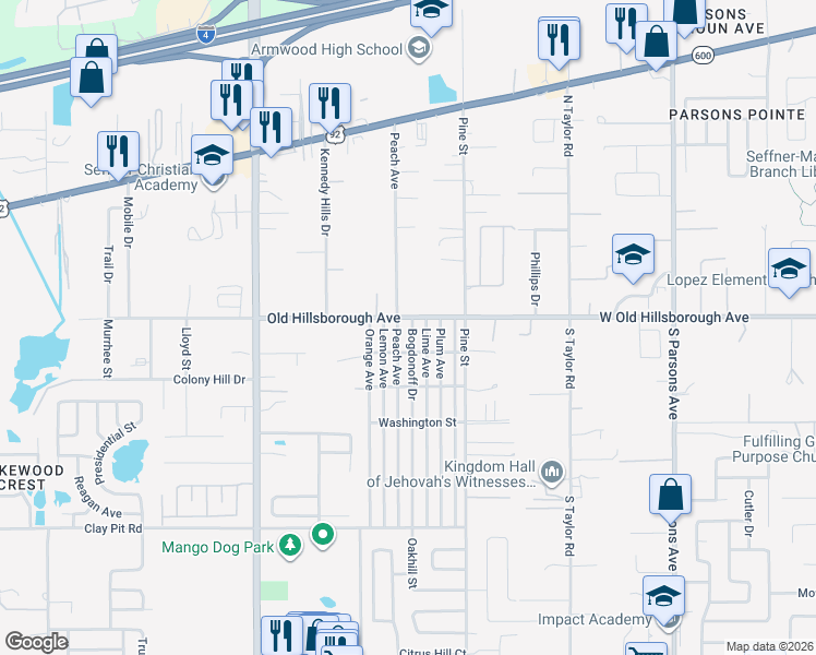 map of restaurants, bars, coffee shops, grocery stores, and more near 5350 Bogdonoff Drive in Seffner