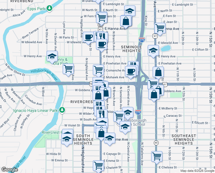map of restaurants, bars, coffee shops, grocery stores, and more near 5308 North Suwanee Avenue in Tampa