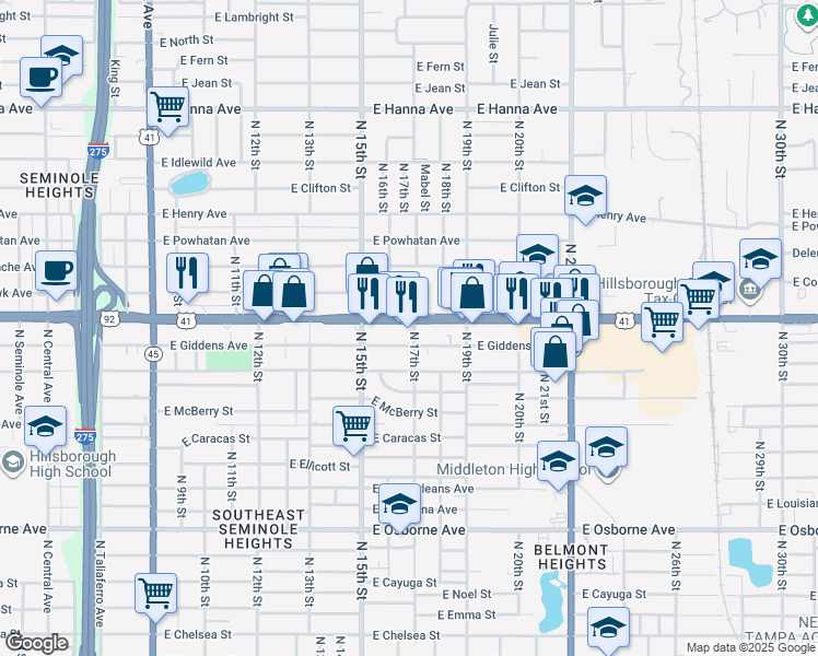 map of restaurants, bars, coffee shops, grocery stores, and more near 1603 East Hillsborough Avenue in Tampa