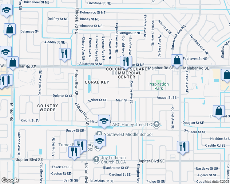 map of restaurants, bars, coffee shops, grocery stores, and more near 228 Greenacre Drive Southeast in Palm Bay