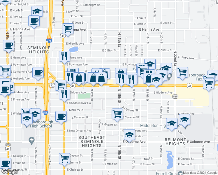map of restaurants, bars, coffee shops, grocery stores, and more near 1305 East Hillsborough Avenue in Tampa