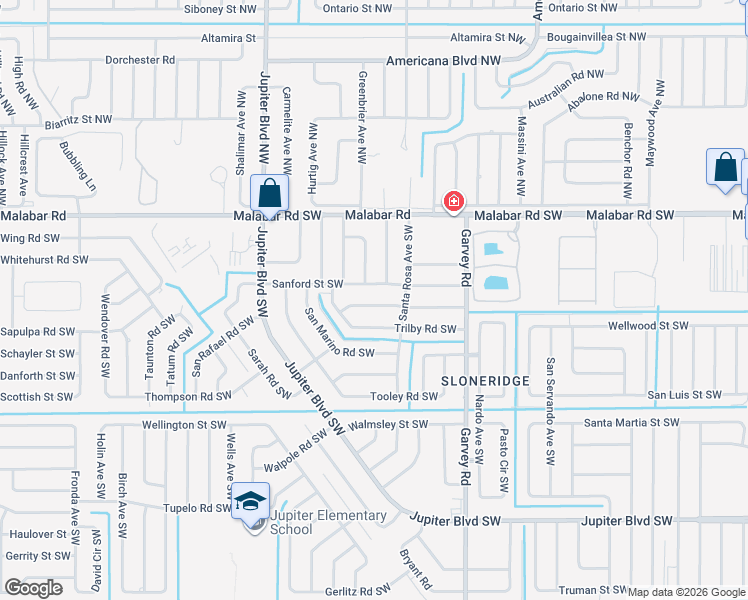 map of restaurants, bars, coffee shops, grocery stores, and more near 750 Sanford Street Southwest in Palm Bay