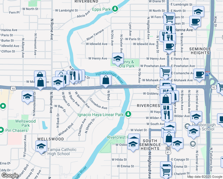 map of restaurants, bars, coffee shops, grocery stores, and more near 5305 North Boulevard in Tampa