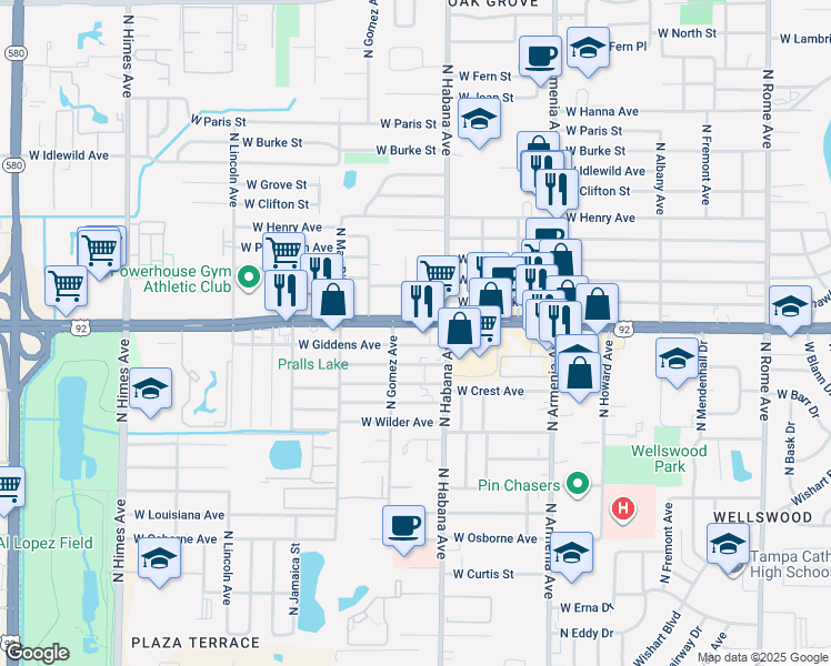map of restaurants, bars, coffee shops, grocery stores, and more near 2930 West Hillsborough Avenue in Tampa