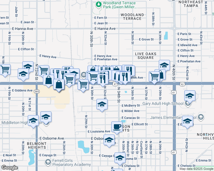map of restaurants, bars, coffee shops, grocery stores, and more near 3221 U.S. 41 in Tampa