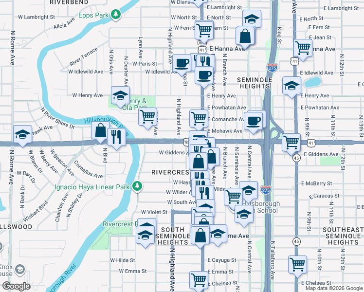 map of restaurants, bars, coffee shops, grocery stores, and more near 116 West Hillsborough Avenue in Tampa