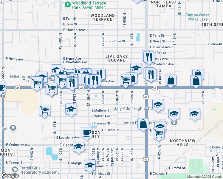 map of restaurants, bars, coffee shops, grocery stores, and more near 3623 East Hillsborough Avenue in Tampa