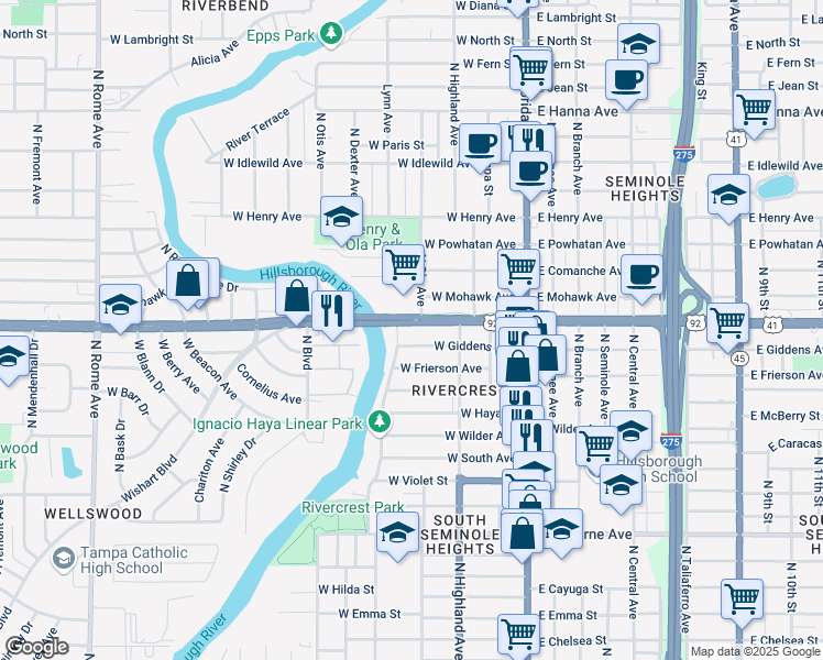 map of restaurants, bars, coffee shops, grocery stores, and more near 324 West Hillsborough Avenue in Tampa