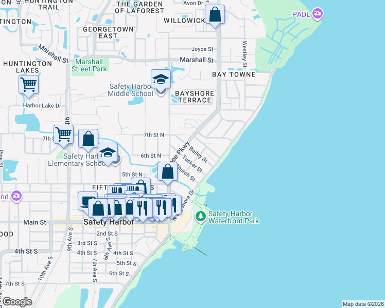 map of restaurants, bars, coffee shops, grocery stores, and more near 246 Bailey Street in Safety Harbor