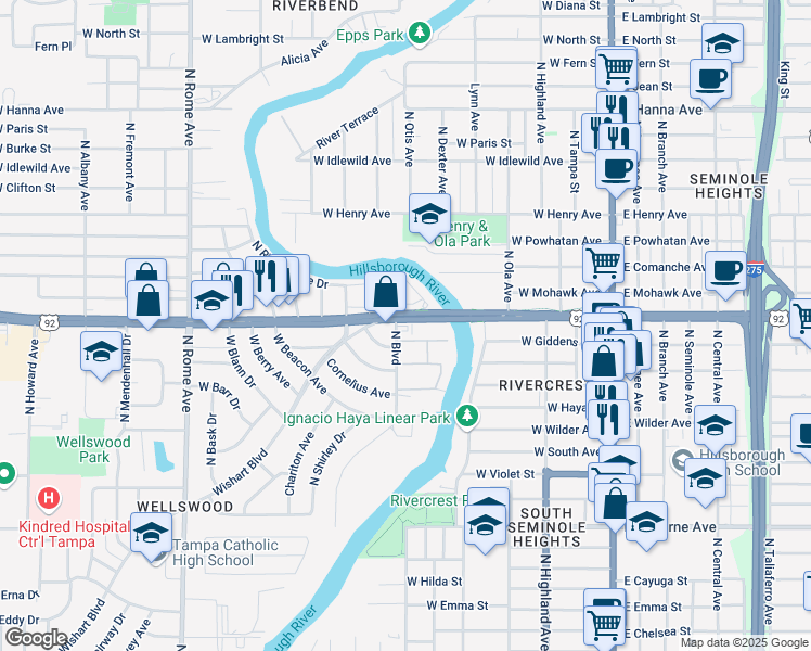 map of restaurants, bars, coffee shops, grocery stores, and more near 550 West Hillsborough Avenue in Tampa