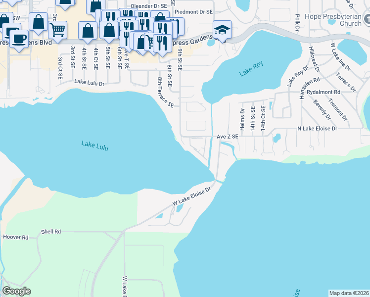 map of restaurants, bars, coffee shops, grocery stores, and more near 2227 9th Street Southeast in Winter Haven
