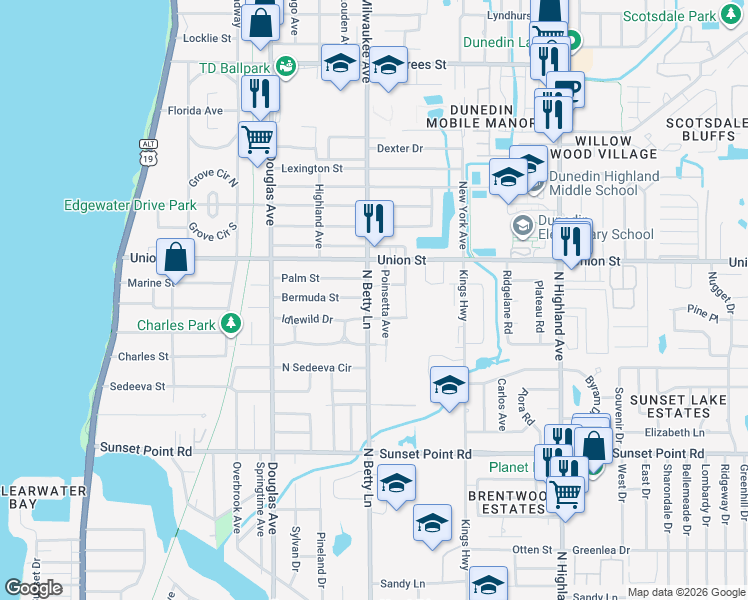 map of restaurants, bars, coffee shops, grocery stores, and more near 2067 North Betty Lane in Clearwater