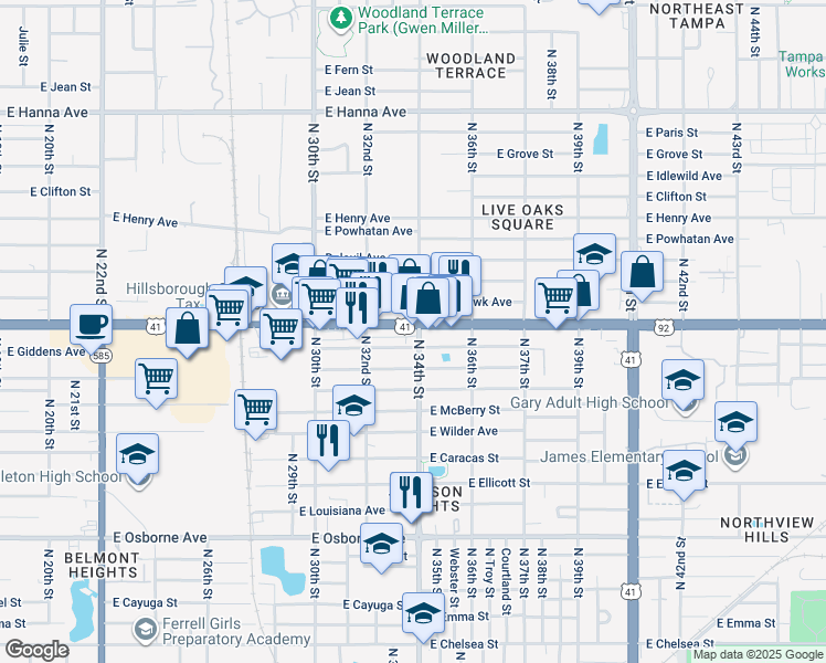 map of restaurants, bars, coffee shops, grocery stores, and more near 3401 East Hillsborough Avenue in Tampa