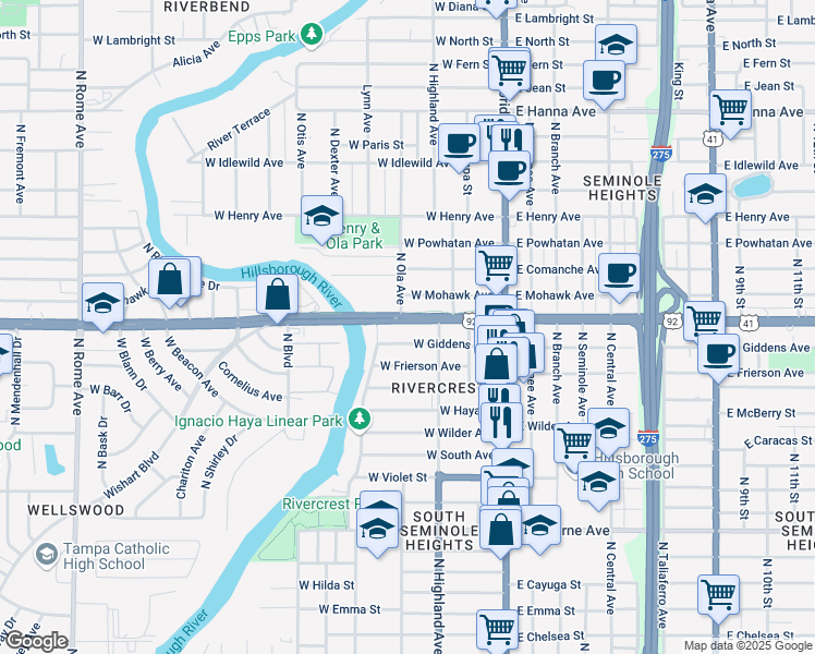 map of restaurants, bars, coffee shops, grocery stores, and more near 324 West Hillsborough Avenue in Tampa