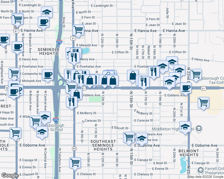 map of restaurants, bars, coffee shops, grocery stores, and more near 1235 East Hillsborough Avenue in Tampa