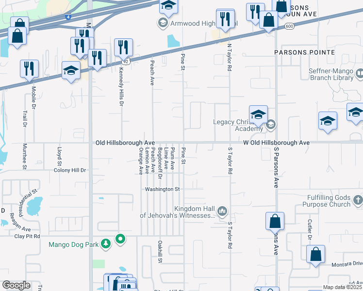 map of restaurants, bars, coffee shops, grocery stores, and more near 12031 Old Hillsborough Avenue in Seffner