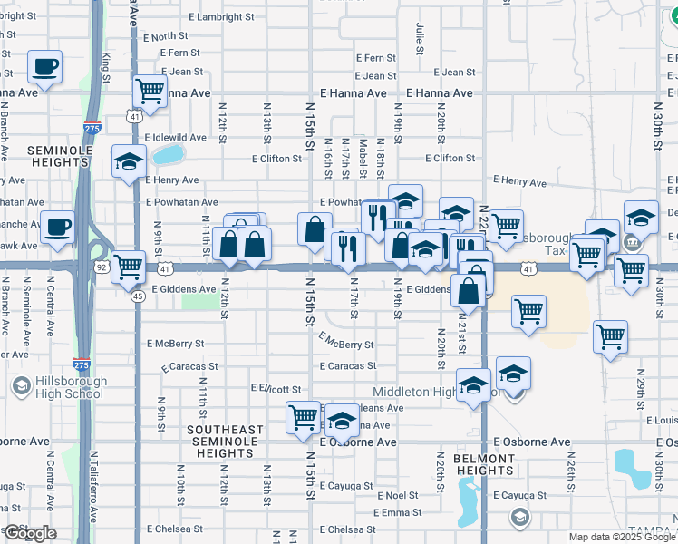 map of restaurants, bars, coffee shops, grocery stores, and more near 1603 East Hillsborough Avenue in Tampa
