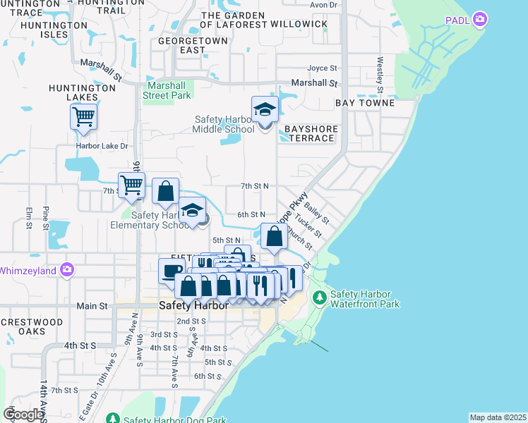 map of restaurants, bars, coffee shops, grocery stores, and more near 119 6th Street North in Safety Harbor