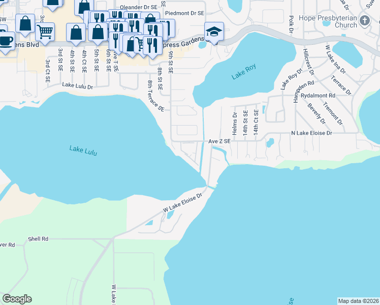 map of restaurants, bars, coffee shops, grocery stores, and more near 900 Avenue Z Southeast in Winter Haven