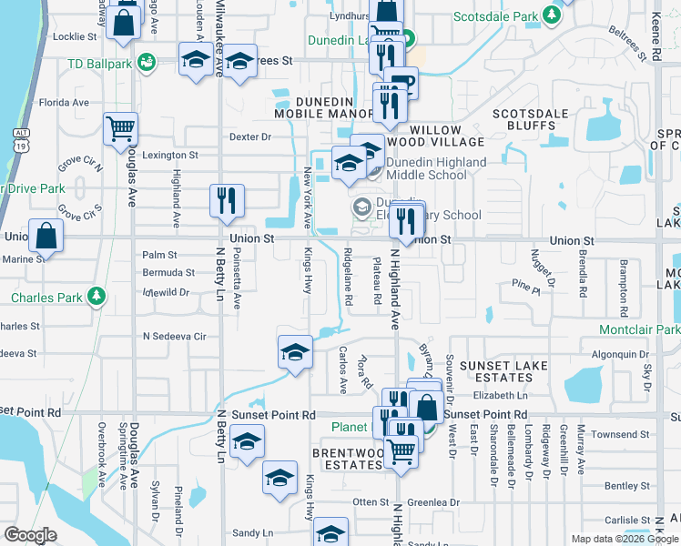 map of restaurants, bars, coffee shops, grocery stores, and more near 1456 Ridgelane Circle North in Clearwater