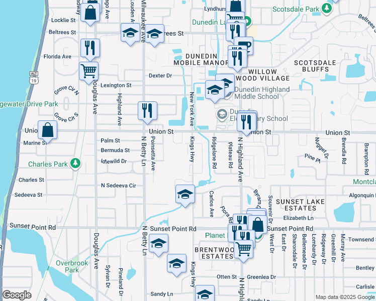 map of restaurants, bars, coffee shops, grocery stores, and more near 2060 Evergreen Avenue in Clearwater