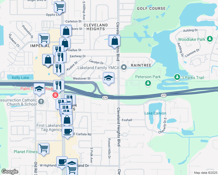 map of restaurants, bars, coffee shops, grocery stores, and more near 3725 Cleveland Heights Boulevard in Lakeland