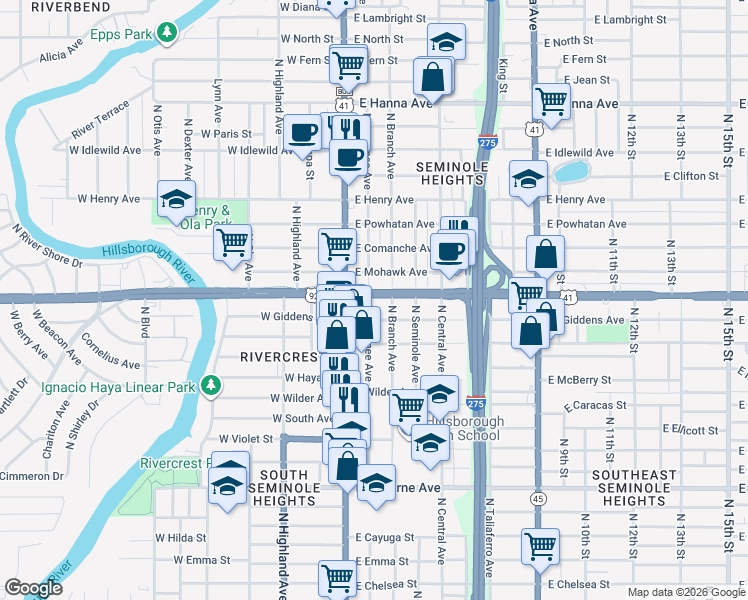 map of restaurants, bars, coffee shops, grocery stores, and more near 5309 North Suwanee Avenue in Tampa