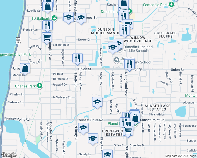 map of restaurants, bars, coffee shops, grocery stores, and more near 2060 Evergreen Avenue in Clearwater