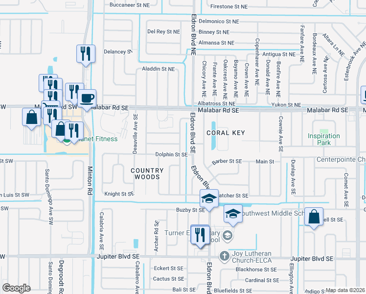 map of restaurants, bars, coffee shops, grocery stores, and more near 179 Decordre Road Southeast in Palm Bay