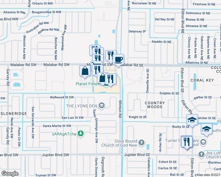 map of restaurants, bars, coffee shops, grocery stores, and more near 160 Malabar Road Southwest in Palm Bay