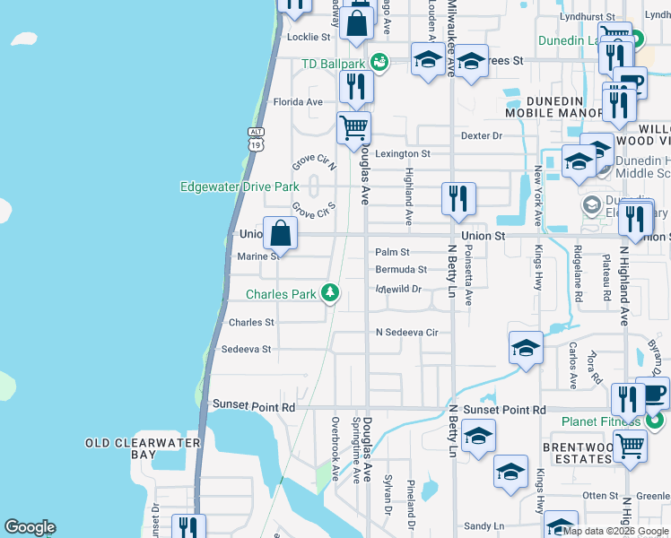 map of restaurants, bars, coffee shops, grocery stores, and more near 2055 Broadway in Clearwater