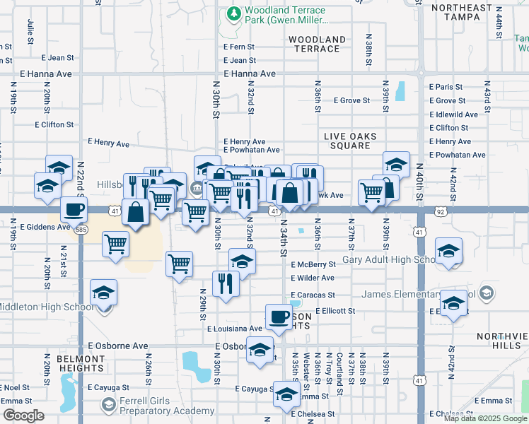 map of restaurants, bars, coffee shops, grocery stores, and more near 3221 U.S. 41 in Tampa